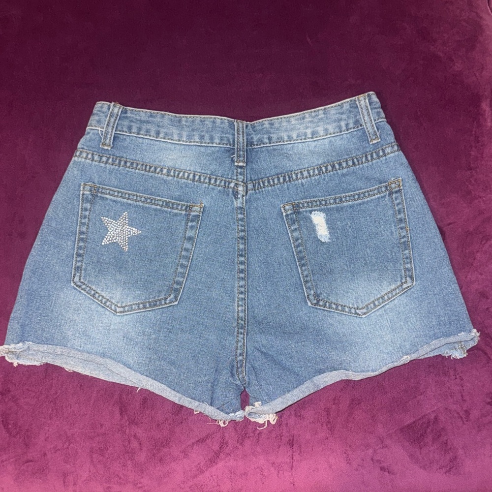 Denim Star-Embellished Women's Shorts Blue Jean Distressed Higheise Cutoff Small - Picture 2 of 11